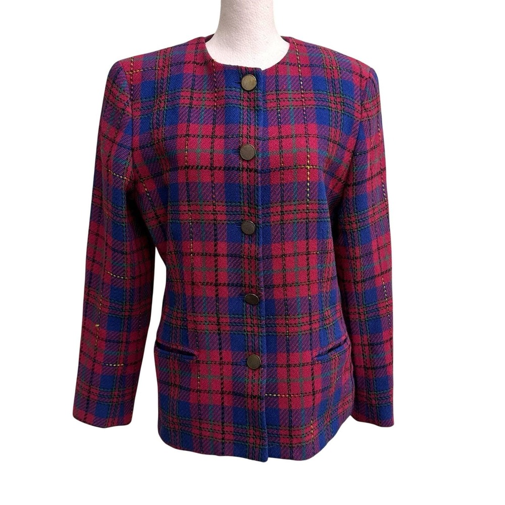VTG Joan Leslie Plaid Wool Blend Collarless‎ Blazer Blazer Jacket Women's 8